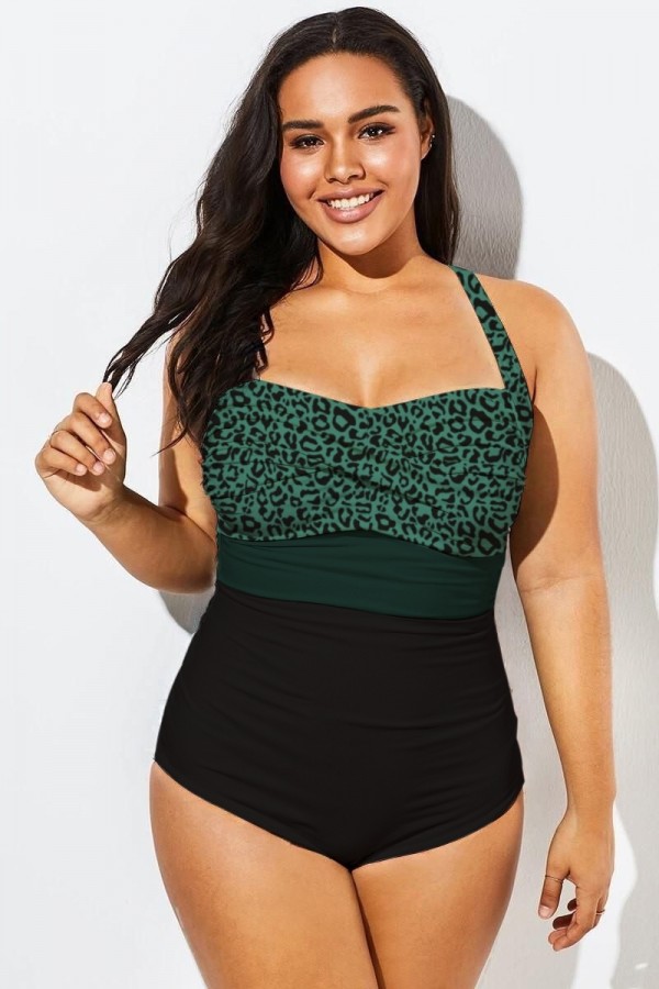 Traje de baño de una pieza ajustado con parte delantera torcida y estampado de leopardo verde