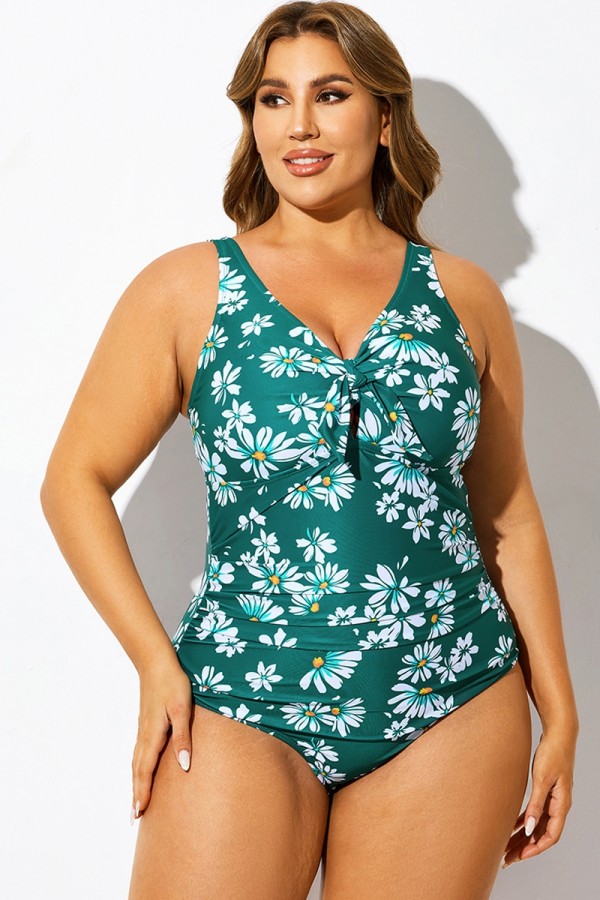 Traje de baño de una pieza fruncido con nudo y estampado de margaritas de talla grande