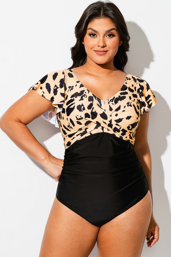 Traje de Baño de Una Pieza con Mangas Fruncidas y Volantes con Estampado de Leopardo