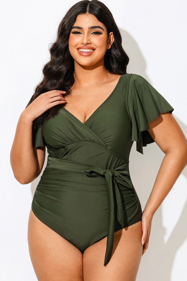 Traje De Baño De Una Pieza Verde V-Escote Mangas Con Volantes