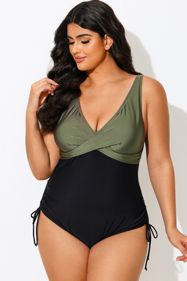 Traje De Baño De Una Pieza Verde V-Escote Con Bloque De Color