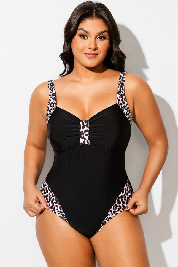 Bañador Una Pieza Con Cuello en V y Estampado de Leopardo Negro