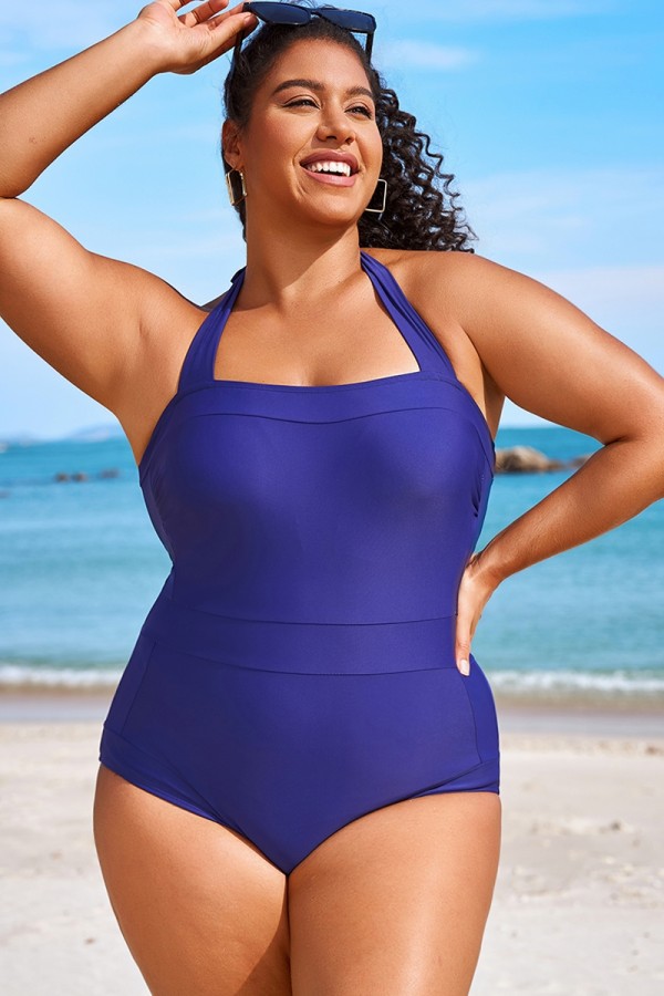 Traje de Baño de Una Pieza Con Cuello Halter y Cuadrado en Color Azul Marino