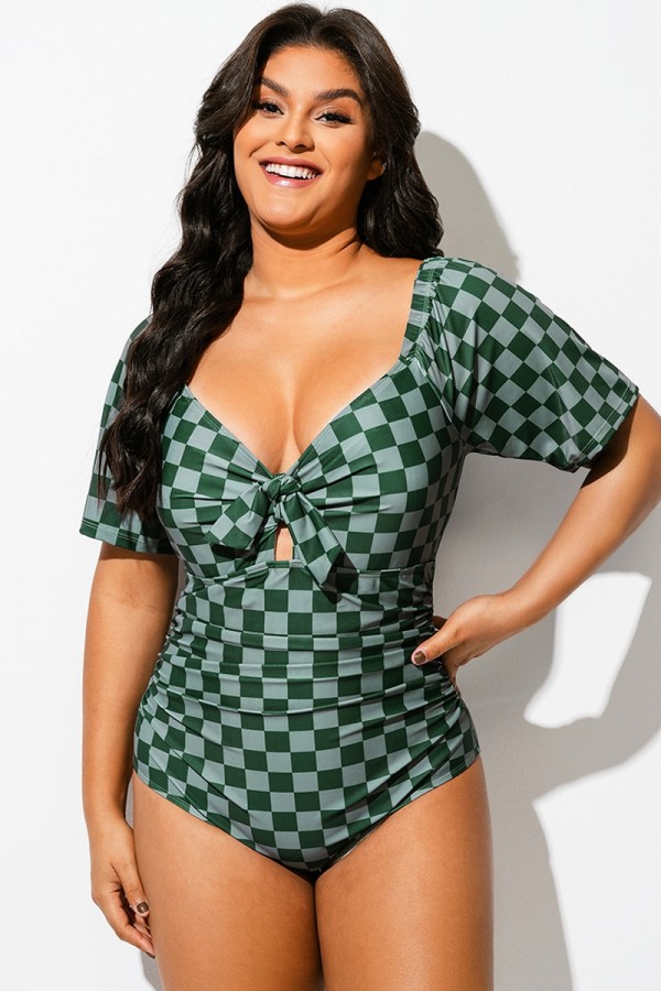 Traje de Baño de Una Pieza de Manga Corta con Cuadros Verdes
