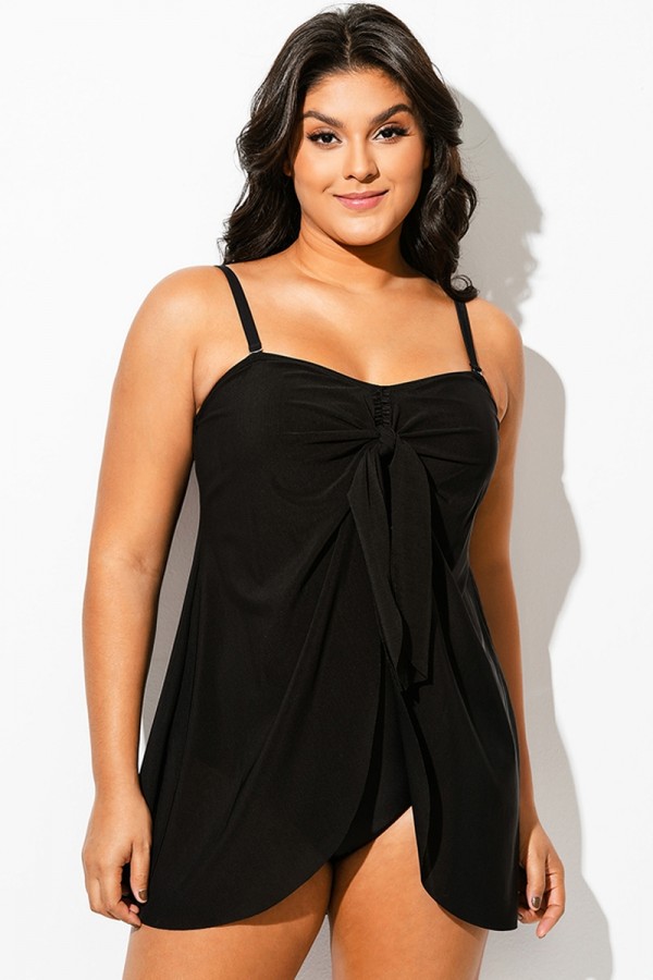 Traje de Baño de Una Pieza con Drapeado de Malla Negra de Talla Grande