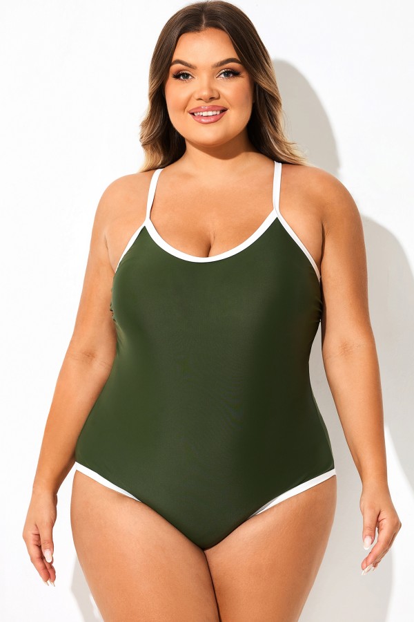 Traje de Baño de Una Pieza con Escote en V y Bloques de Color Verde