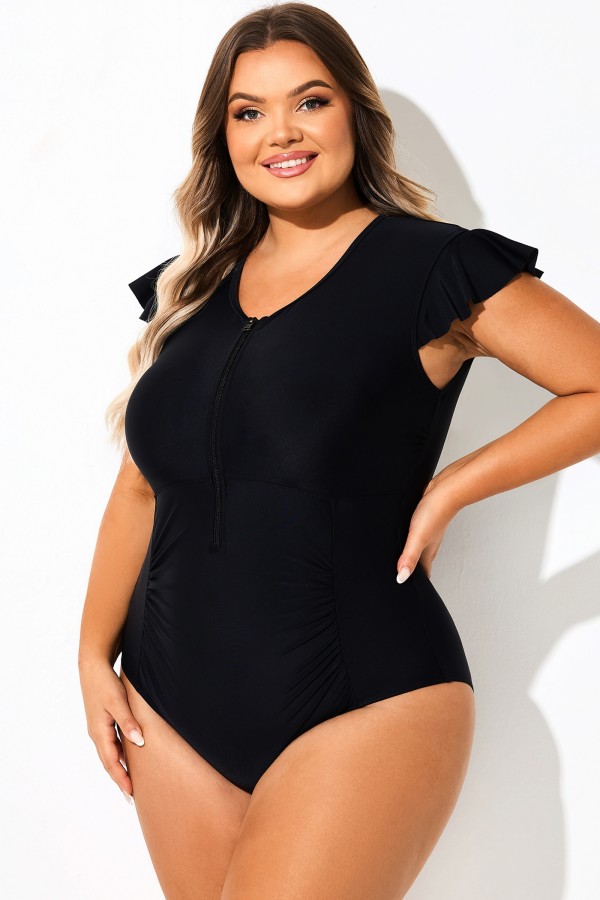 Traje de baño de una pieza con cuello alto, cremallera y mangas cortas
