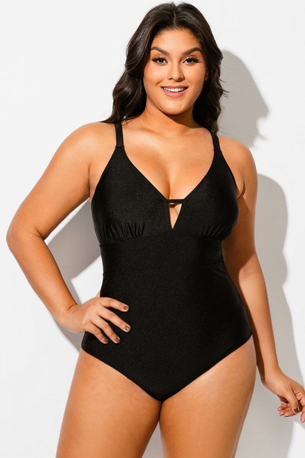 Traje de Baño de Una Pieza con Escote en V y Aberturas en Color Negro