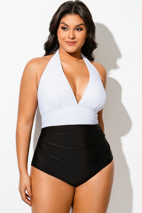Traje de Baño de Una Pieza sin Espalda con Cuello Halter y Bloques de Color en Blanco y Negro