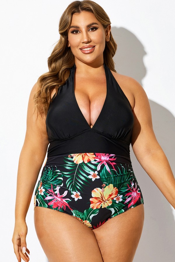 Traje de baño de una pieza con cuello halter y estampado floral tropical