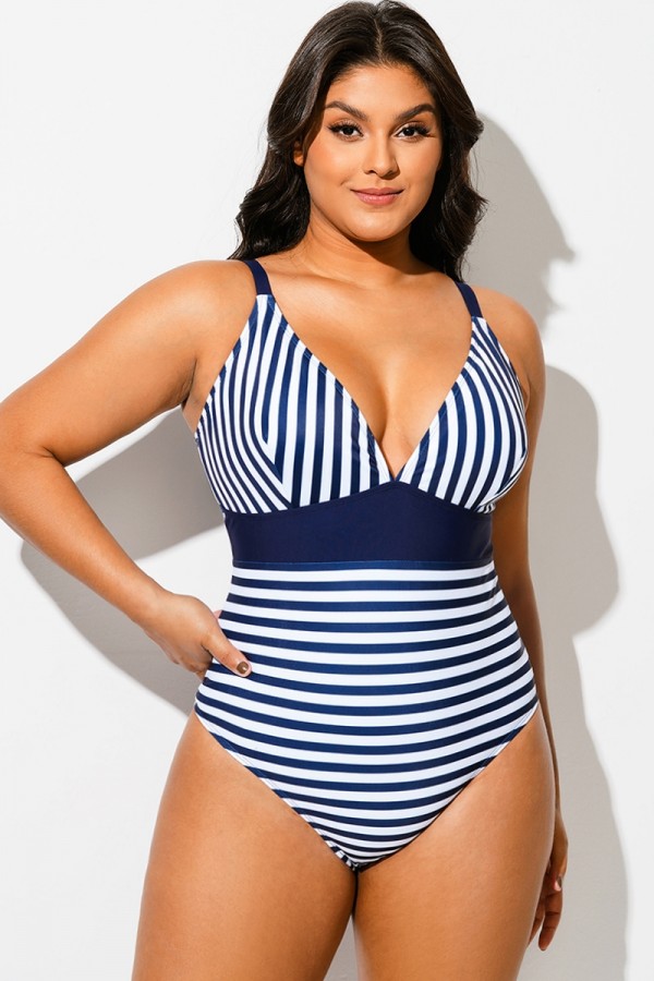 Traje de Baño de Una Pieza con Escote en V y Rayas de Color Azul Marino