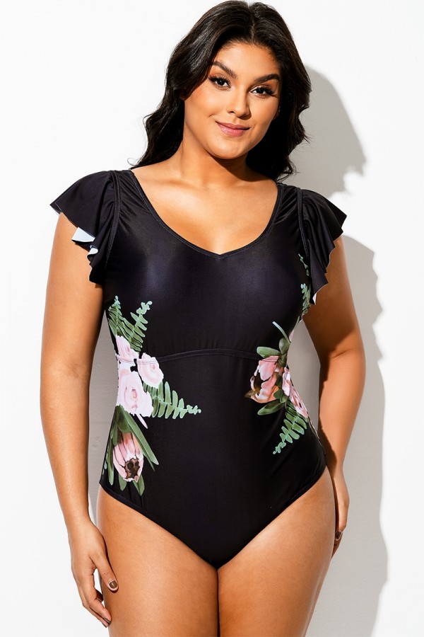 Traje de Baño de Una Pieza con Escote en V y Volantes con Estampado Floral Negro