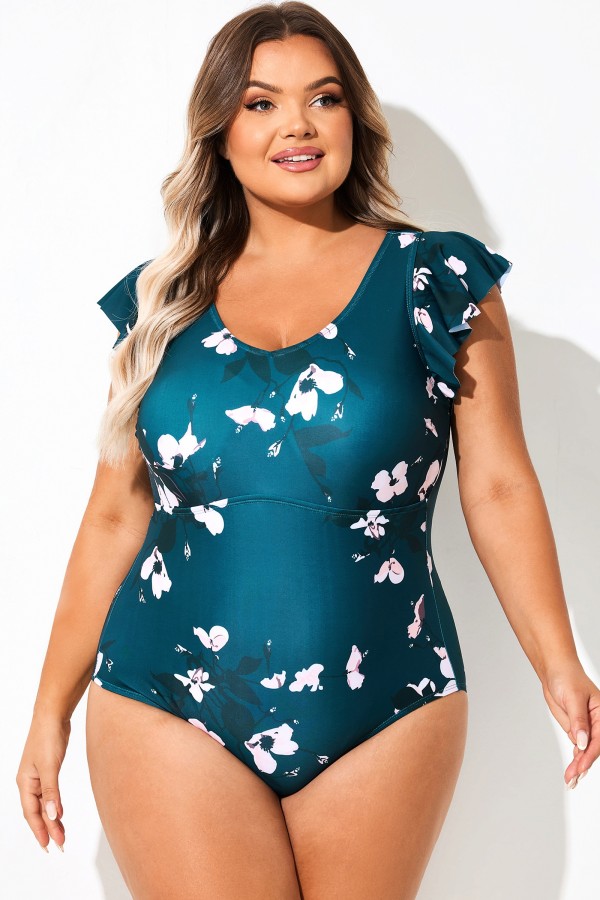 Traje de Baño de Una Pieza con Escote en V y Volantes con Estampado Floral Azul