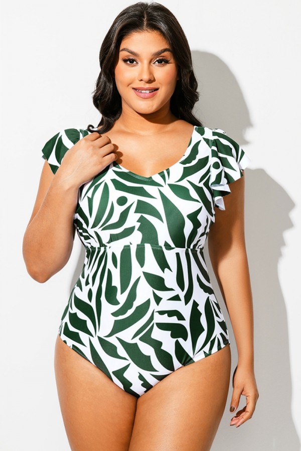 Traje de Baño de Una Pieza con Escote en V y Estampado Aleatorio de Talla Grande
