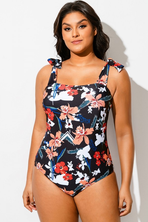 Traje de Baño de Una Pieza con Nudo y Escote Cuadrado con Diseño Floral