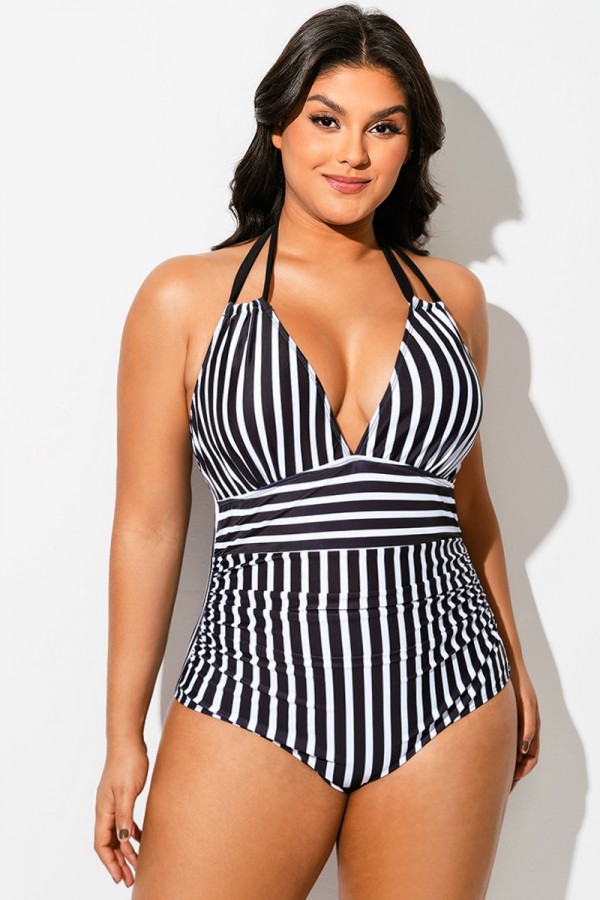 Traje de Baño de Una Pieza con Cuello Halter y Rayas en Blanco y Negro