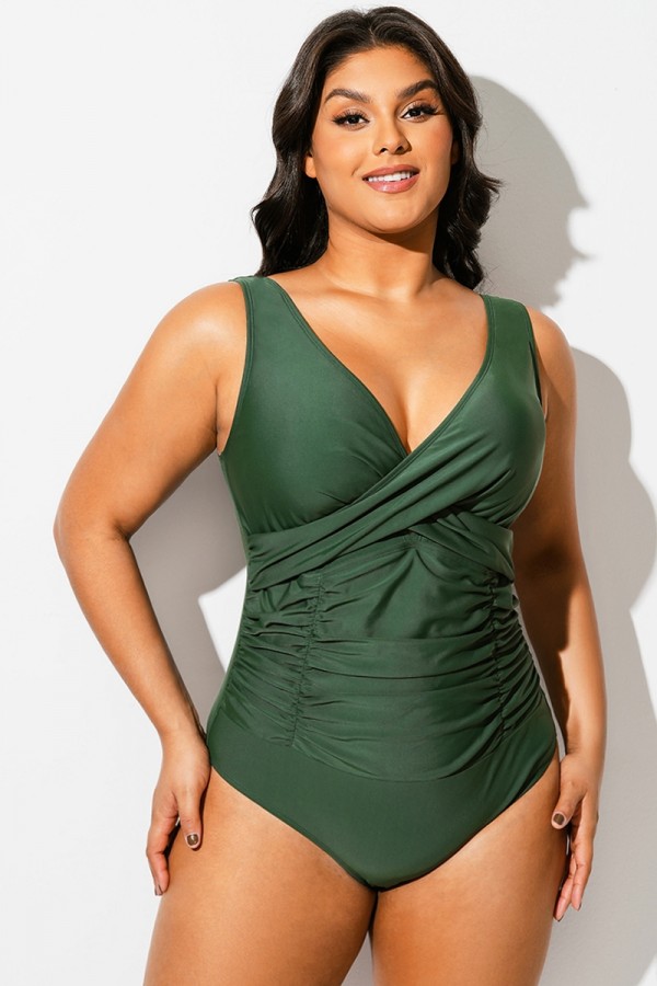 Traje de Baño de Una Pieza con Escote en V Fruncido de Color Verde Liso