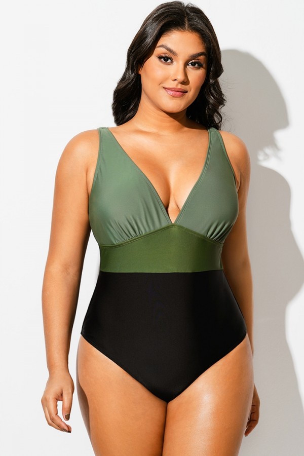 Traje de Baño de Una Pieza con Escote en V y Bloques de Color Verde