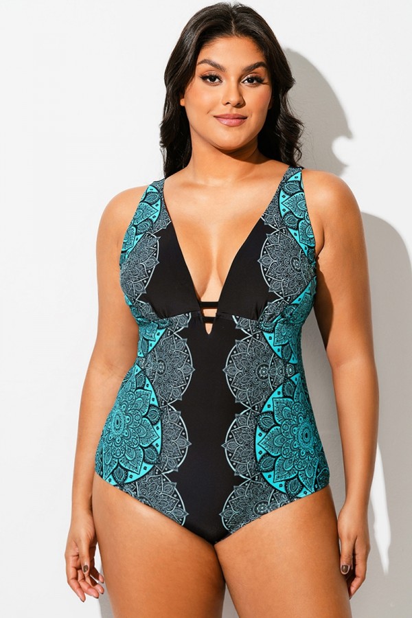 Traje de baño de una pieza con escote en V y estampado de encaje azul degradado
