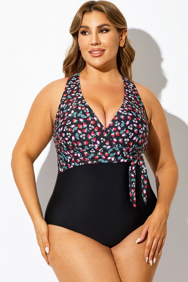 Traje de baño de una pieza con cuello en V y estampado de fresas