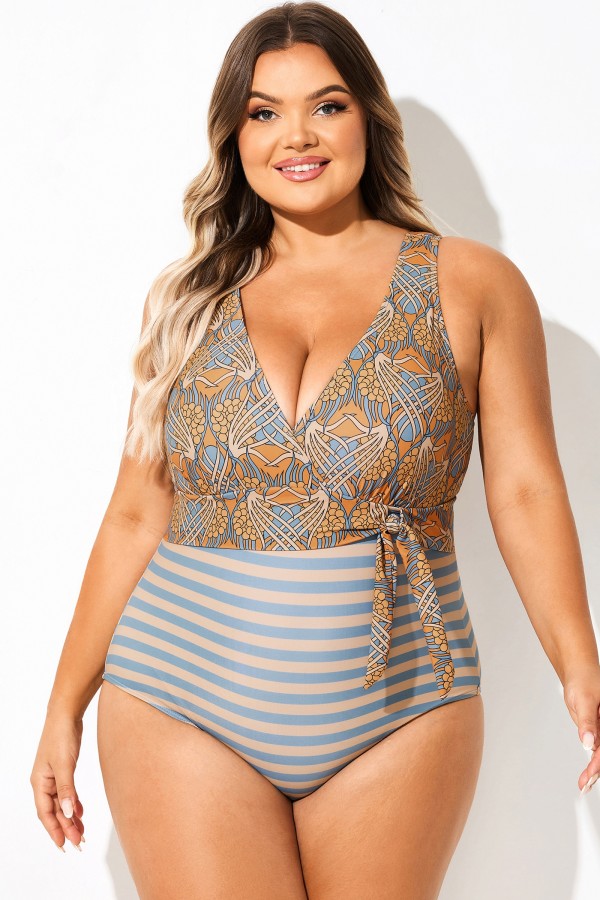 Traje de baño de una pieza con cuello en V y estampado floral amarillo