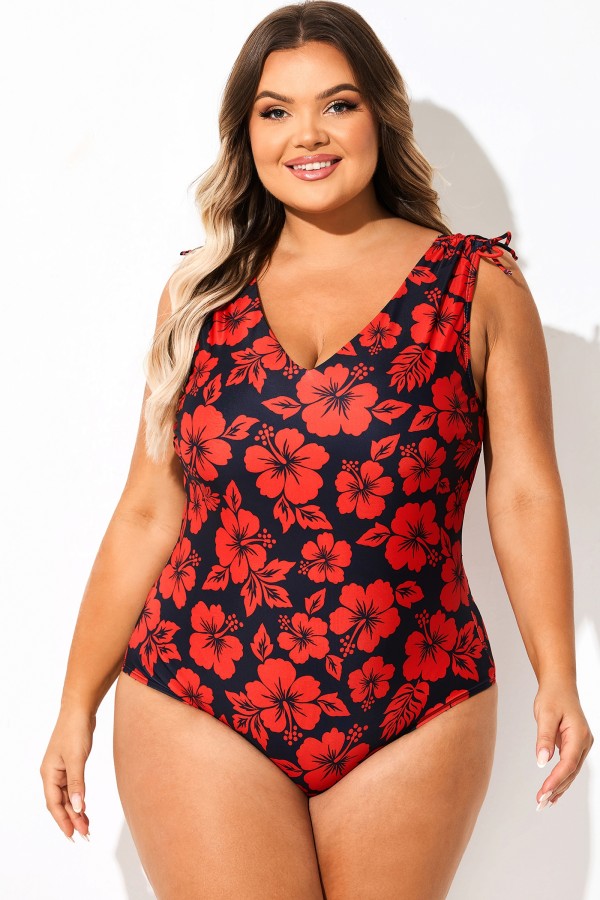 Traje de baño de una pieza con cuello en V y estampado floral rojo