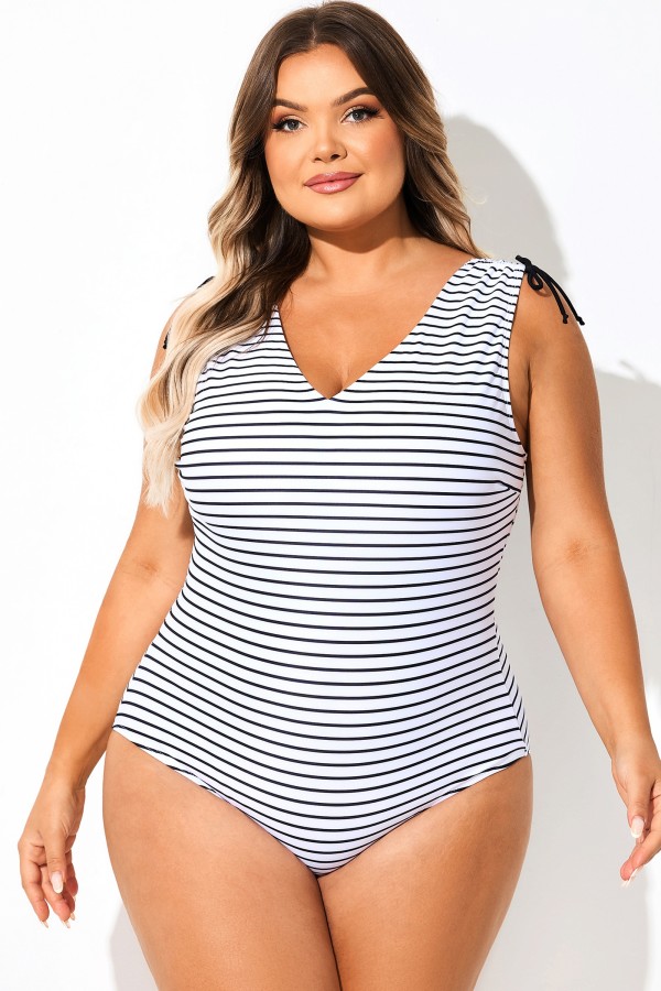Traje de baño de una pieza con cuello en V y rayas blancas y negras