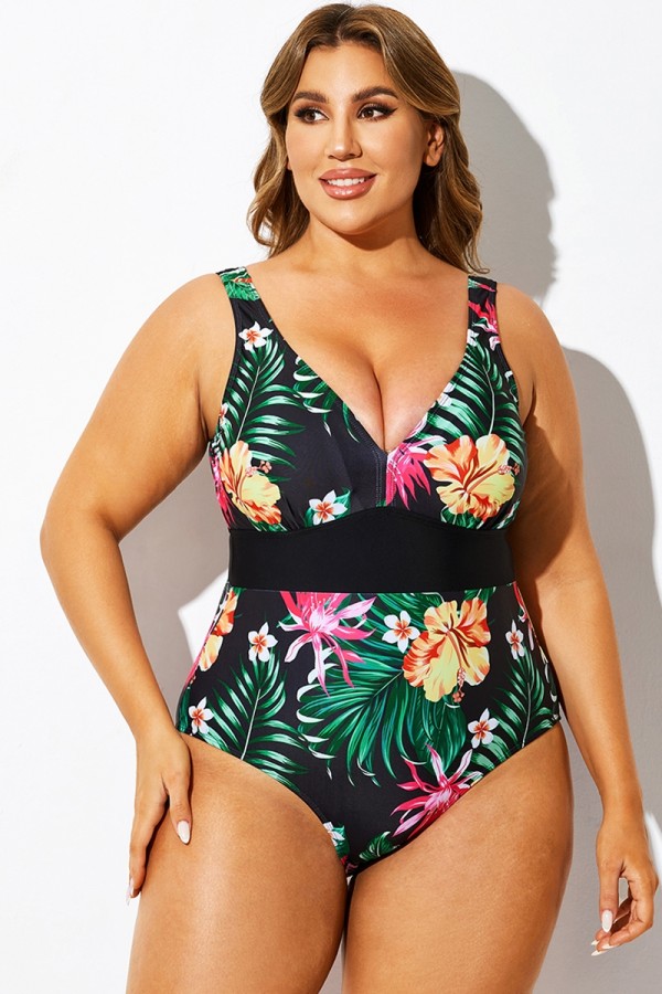 Traje de baño de una pieza con cuello en V y estampado floral