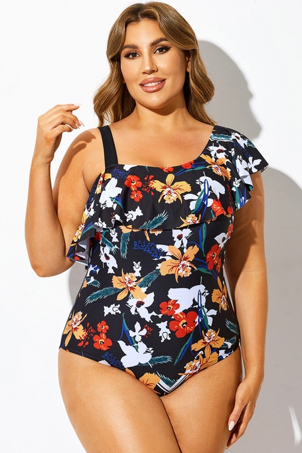 Traje de baño de una pieza asimétrico con estampado floral negro