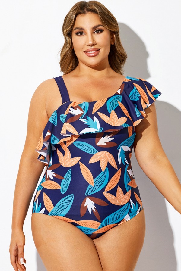 Traje de baño de una pieza asimétrico con estampado de hojas azules