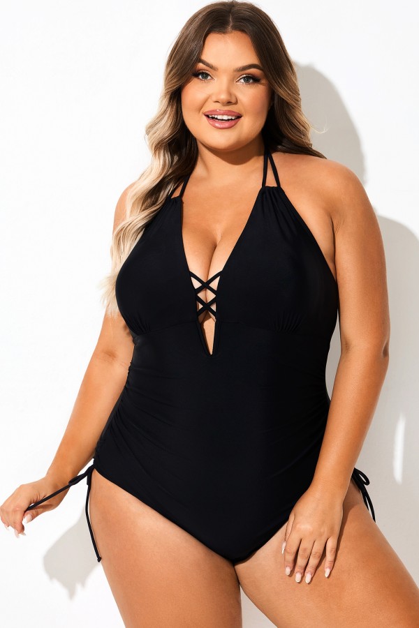 Traje de baño de una pieza con cuello halter, color negro liso, talla grande