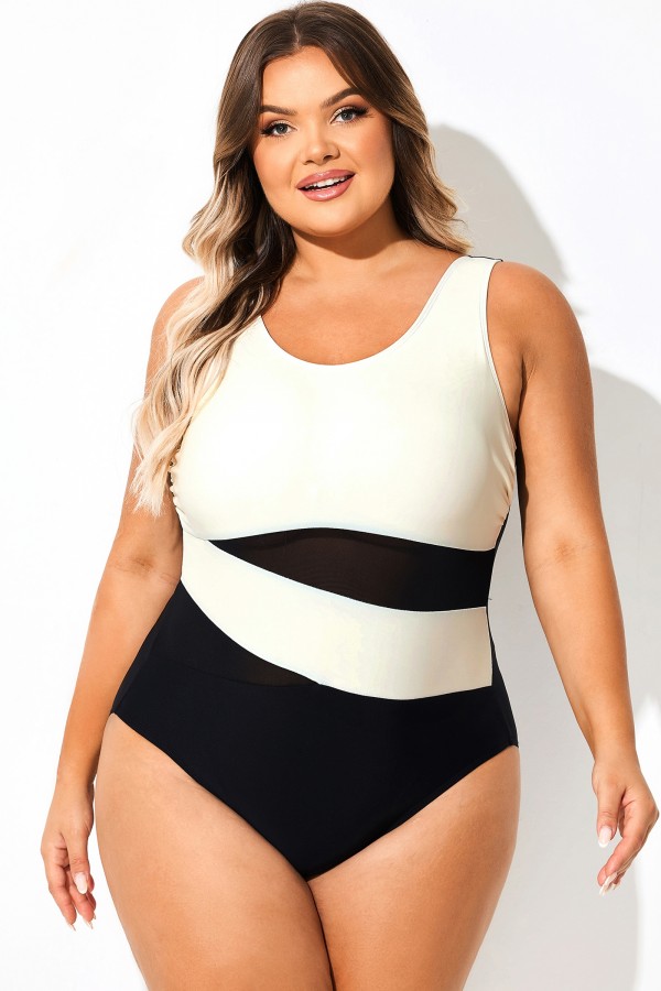Traje de baño de una pieza blanco y negro con cuello cuadrado