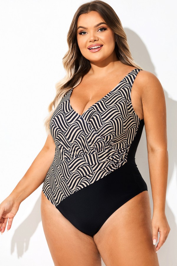Traje de baño de una pieza cruzado con estampado de rayas al azar