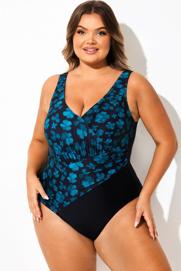 Traje de baño de una pieza con efecto cruzado y estampado floral azul