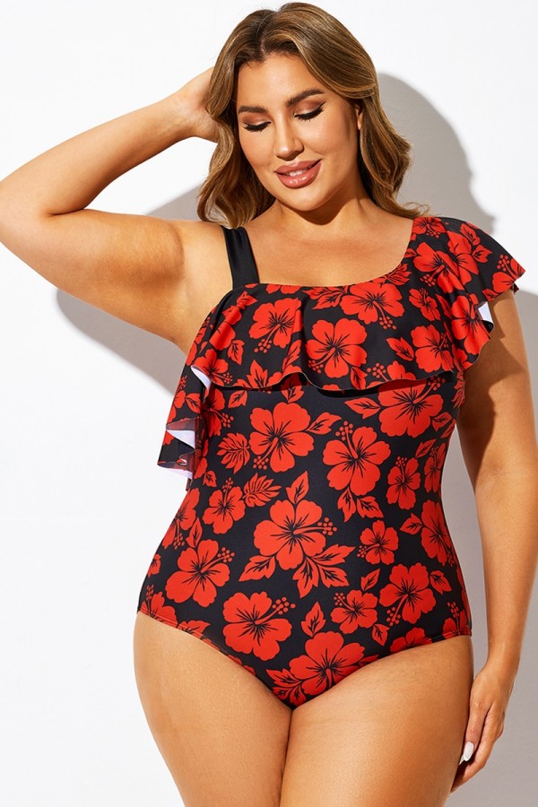 Traje de baño de una pieza con panel de volantes y estampado floral rojo