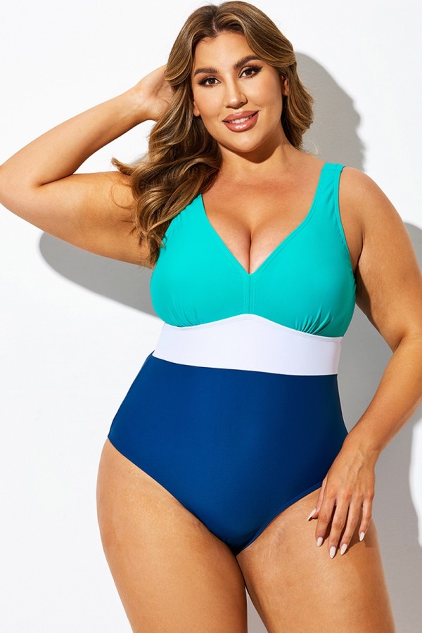 Traje de baño de una pieza con cuello en V y bloques de color