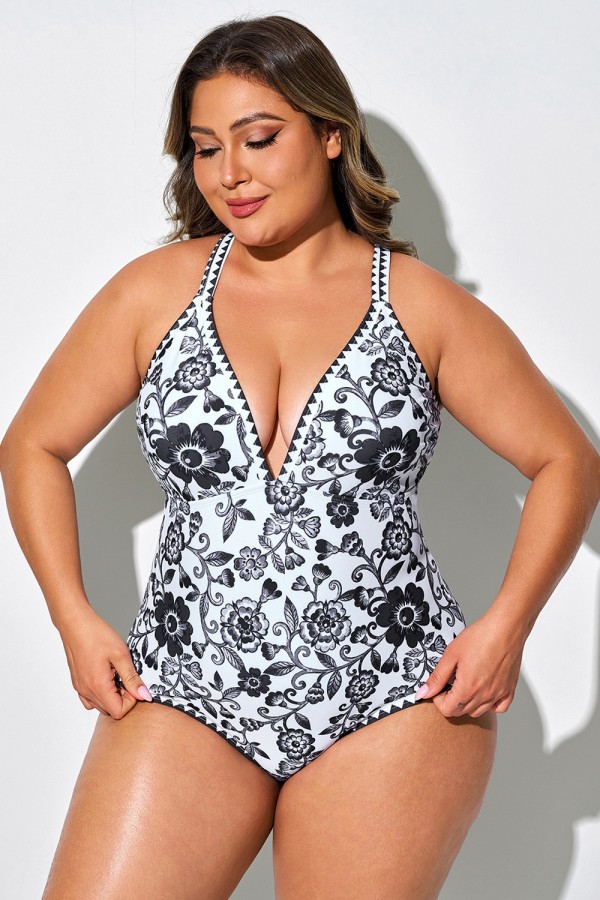 Traje De Baño De Una Pieza De Porcelana Blanca Y Negra Con Estampado Floral