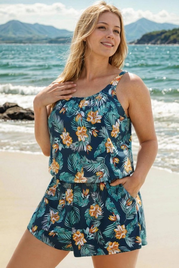 Traje de baño de una pieza con bolsillos y estampado de flores tropicales de talla grande