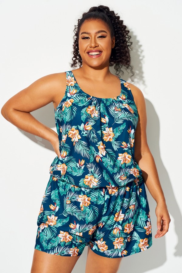 Traje De Baño De Una Pieza Con Bolsillos Y Estampado De Flores Tropicales De Talla Grande