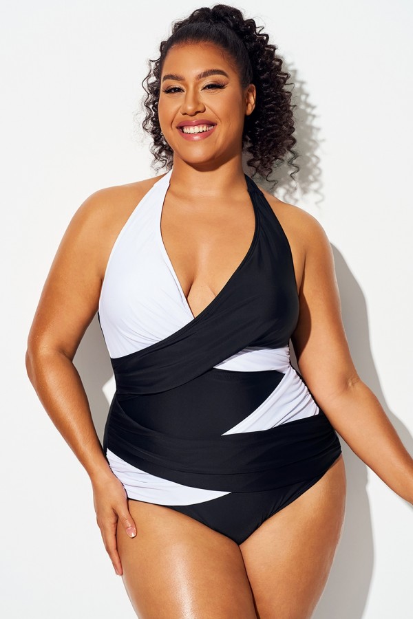 Traje De Baño De Una Pieza Con Cuello Halter, Elegante, Con Bloques De Color Y Talla Grande