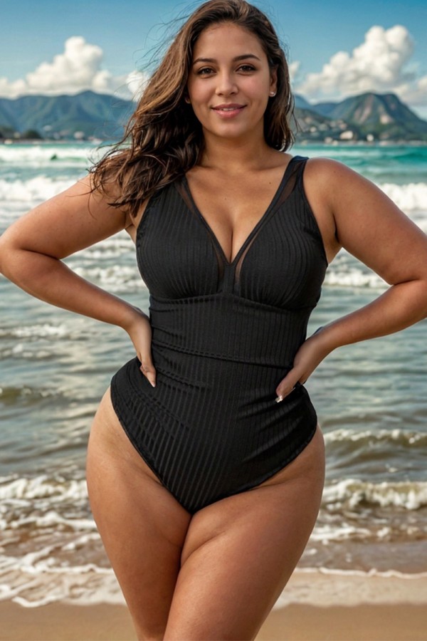 Traje de baño de una pieza con empalme de malla negra de talla grande