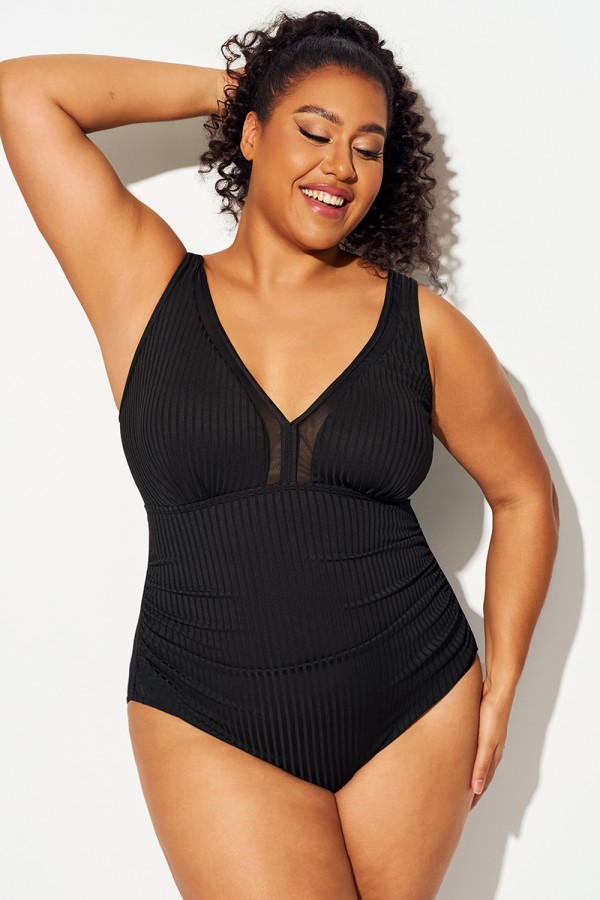Traje De Baño De Una Pieza Con Empalme De Malla Negra De Talla Grande