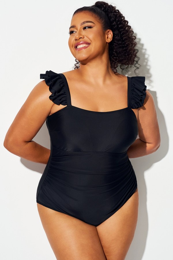 Traje De Baño De Una Pieza Con Volantes Negros Liso De Talla Grande