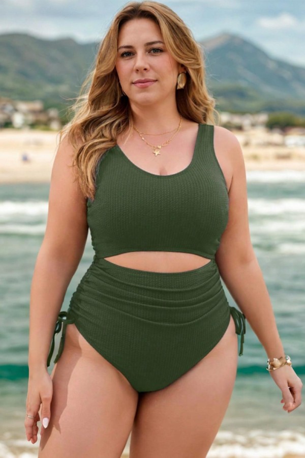 Traje de baño verde oscuro con aberturas delanteras y traseras de talla grande