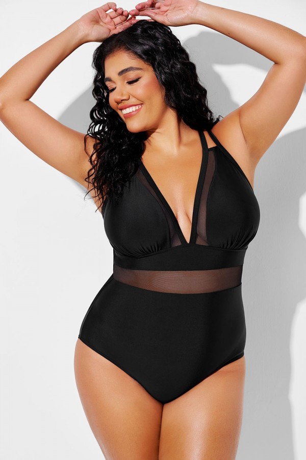 Traje de baño de una pieza sexy con escote en V profundo y detalles de malla