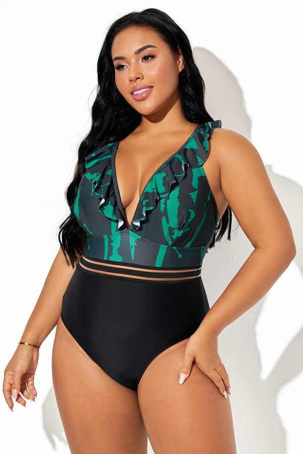 Traje de baño de una pieza de malla con mangas con volantes en negro y verde