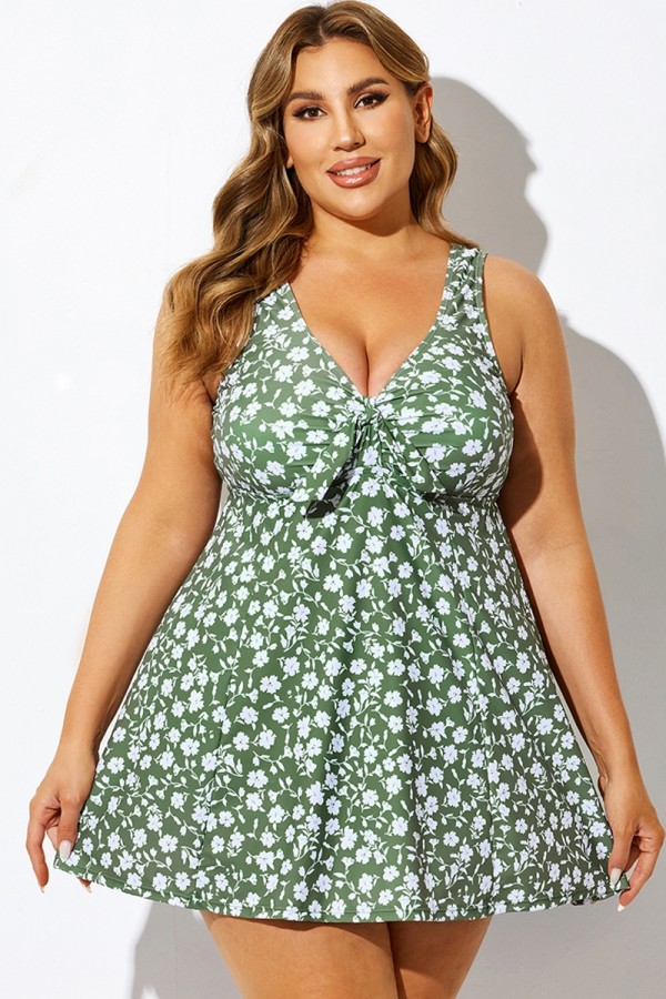 Vestido de baño de talle imperio con corte A y fruncido floral color menta