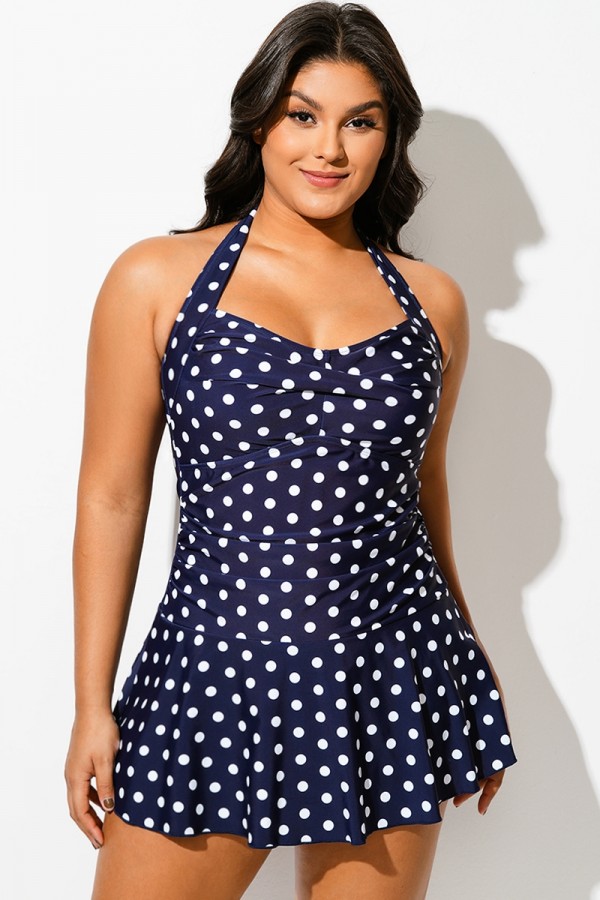 Traje de Baño Sexy con Escote en Forma de Corazón y Lunares en Azul Marino