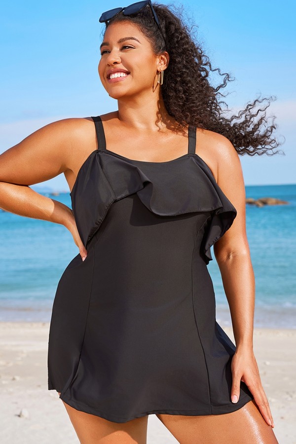 Traje de Baño Negro Sólido con Correas Ajustables para Mujer
