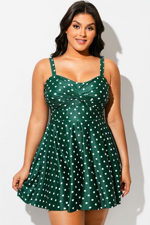Traje De Baño Con Dobladillo Ondulado Y Estampado Cruzado De Lunares Verdes